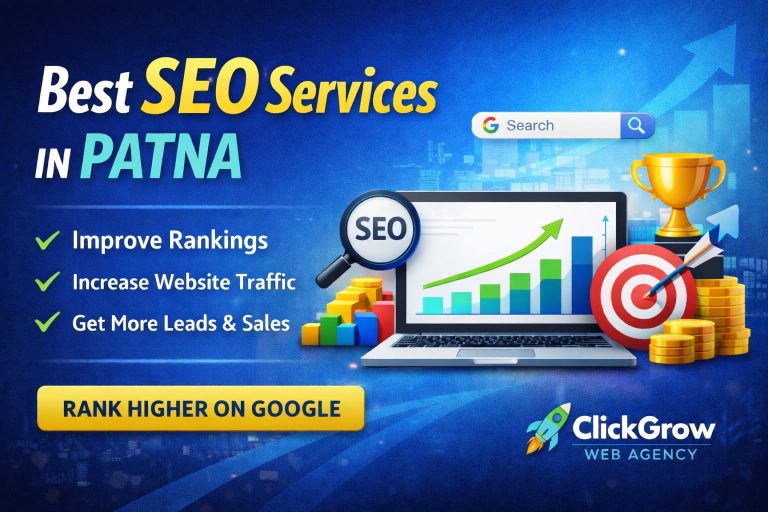 Best SEO Services in Patna Bihar with city skyline helping small businesses increase traffic and Google rankings